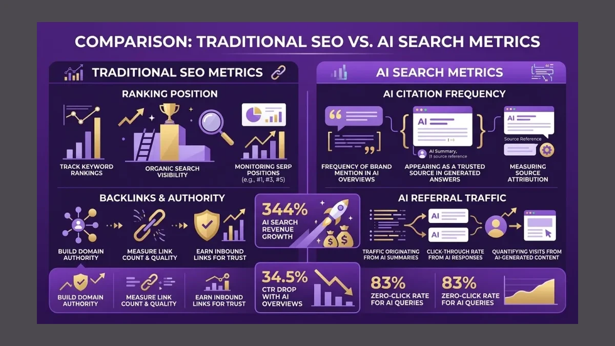 Infographic: Comparison infographic showing traditional SEO metrics versus AI search metrics. Left column shows ranking position and