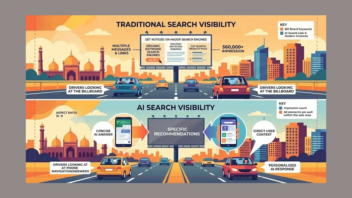 Infographic: Billboard analogy infographic showing traditional search visibility versus AI search visibility. Top half shows a billbo