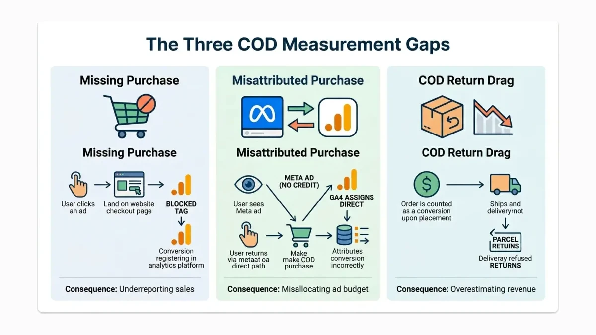 Infographic: The three COD measurement gaps, missing purchase, misattributed purchase, and COD return drag