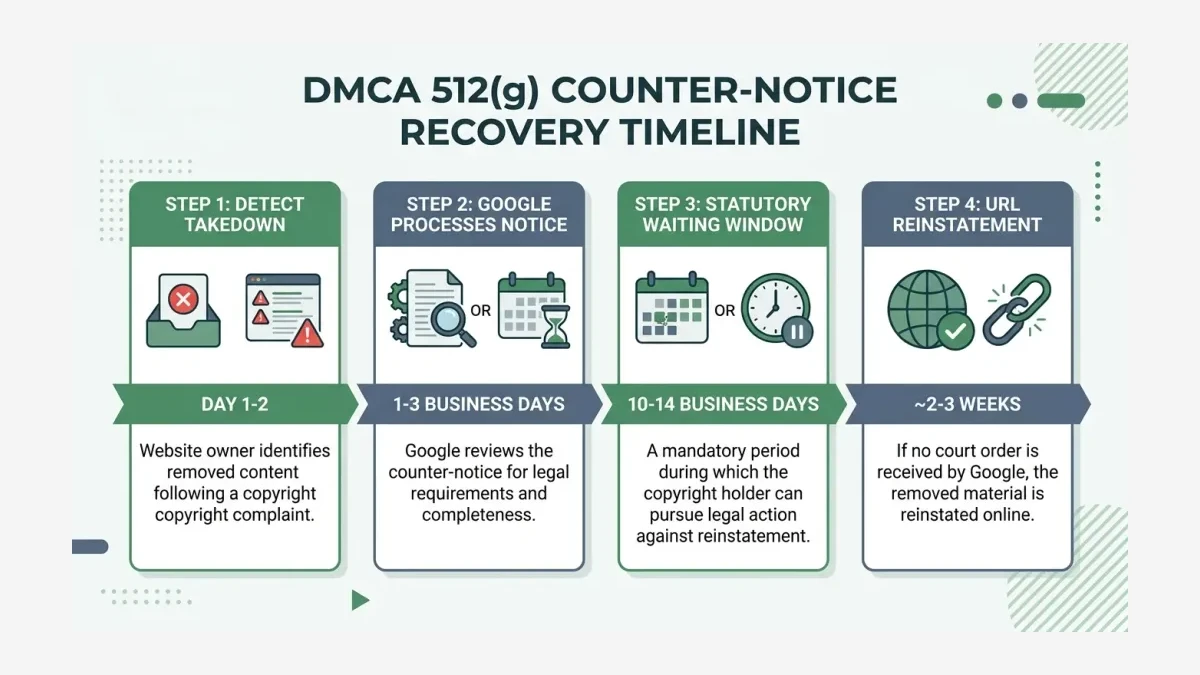 Infographic: the DMCA 512(g) counter-notice timeline from takedown to URL reinstatement, shown in business days