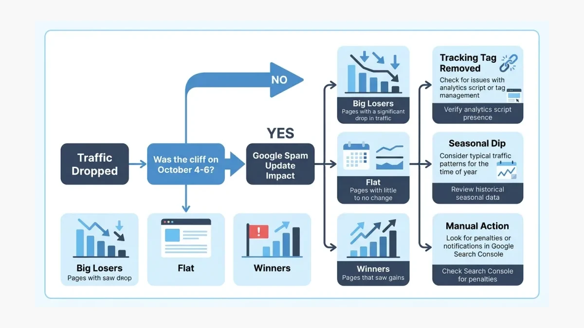 Infographic: decision flow to confirm whether a Google update caused a traffic drop