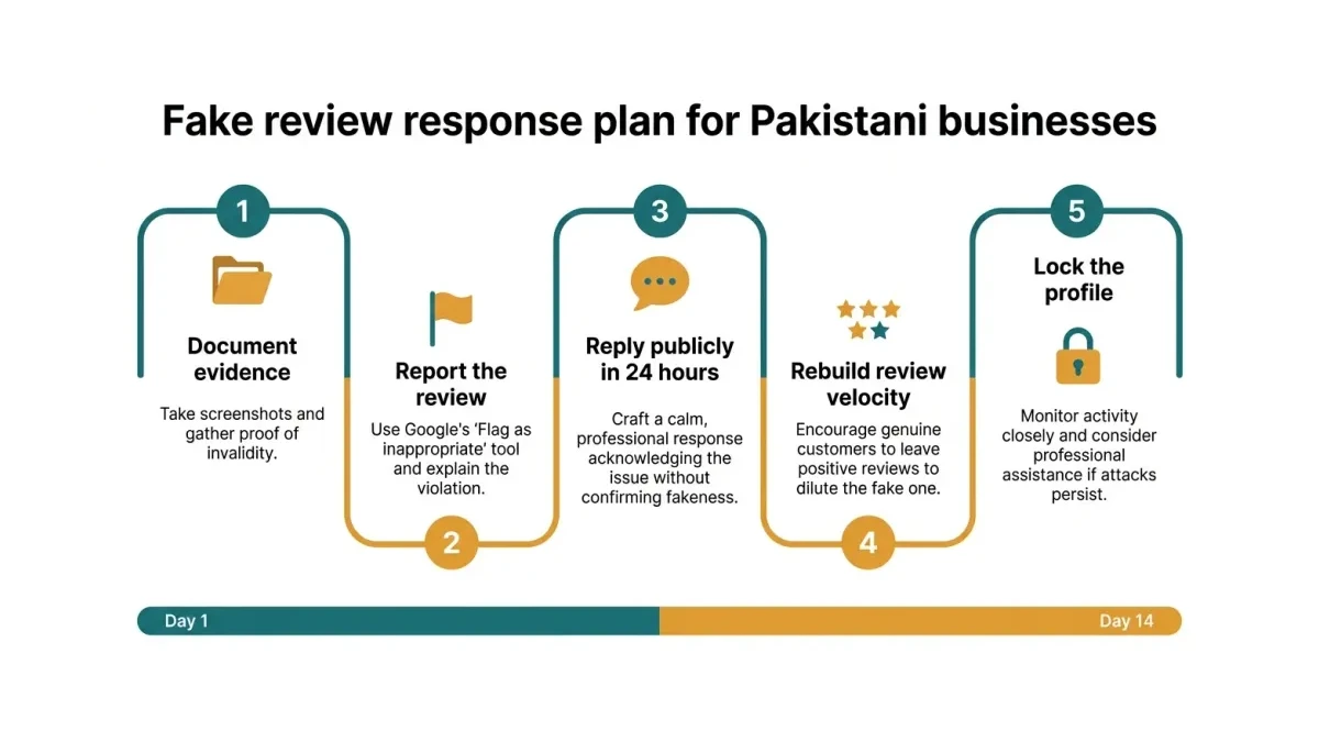 Infographic: Five-step process flow for removing fake Google reviews, from documenting evidence to locking down the profile