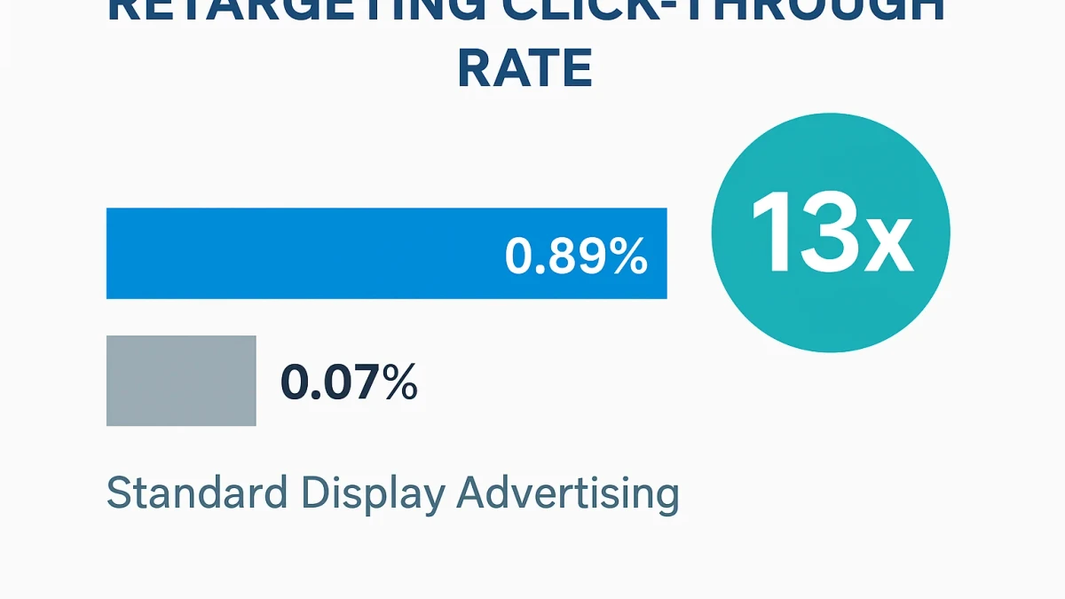 Infographic: Bar chart comparing retargeting click-through rate (0.89%) versus standard display advertising (0.07%) with 13x performance multiplier highlighted