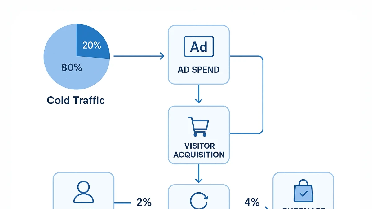 Infographic: Flow diagram showing Pakistani ecommerce store budget split between cold traffic (80%) and retargeting (20%), with conversion rate comparison and resulting blended CPA reduction