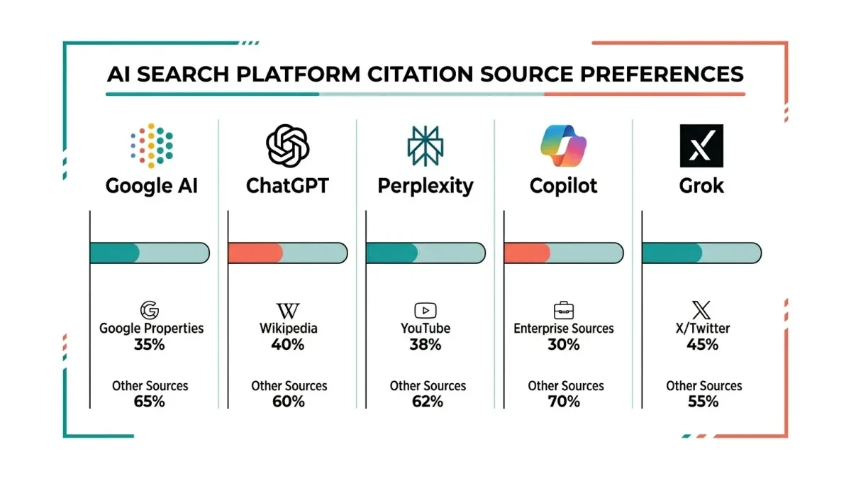 Infographic: AI platform citation patterns showing which source types each platform favors most