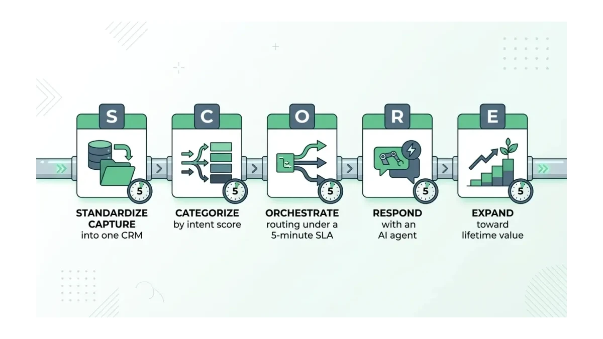 Infographic: The SCORE framework pipeline for Pakistani SMEs, Standardize capture, Categorize by intent, Orchestrate routing under a five-minute SLA, Respond with an AI agent, Expand toward lifetime value