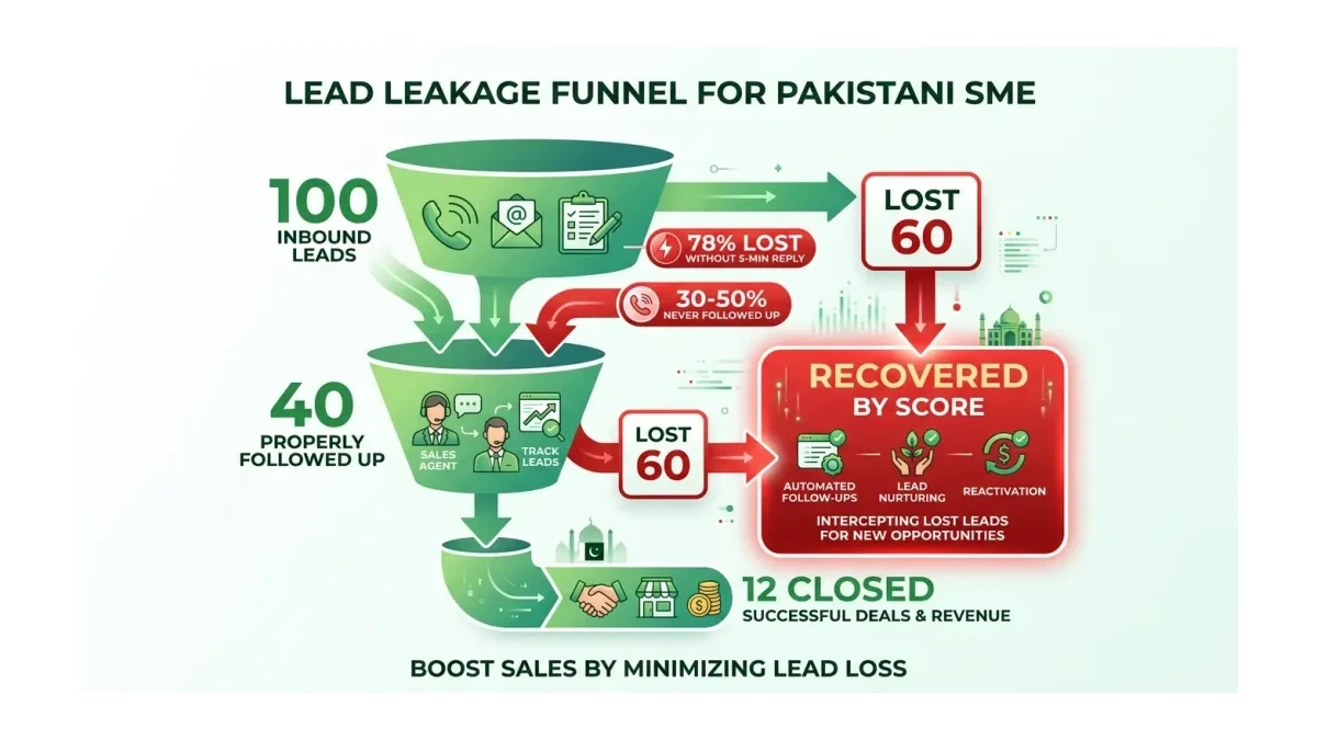 Infographic: Lead leakage funnel for a Pakistani SME, 100 inbound leads reduced to roughly 40 followed up and 12 closed, with the SCORE framework recovering the lost 60
