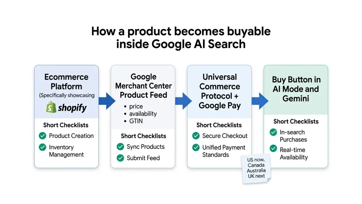 Infographic: The chain of requirements that decides whether a product shows a Buy button inside Google AI Search, from platform to feed to payment to ratings.