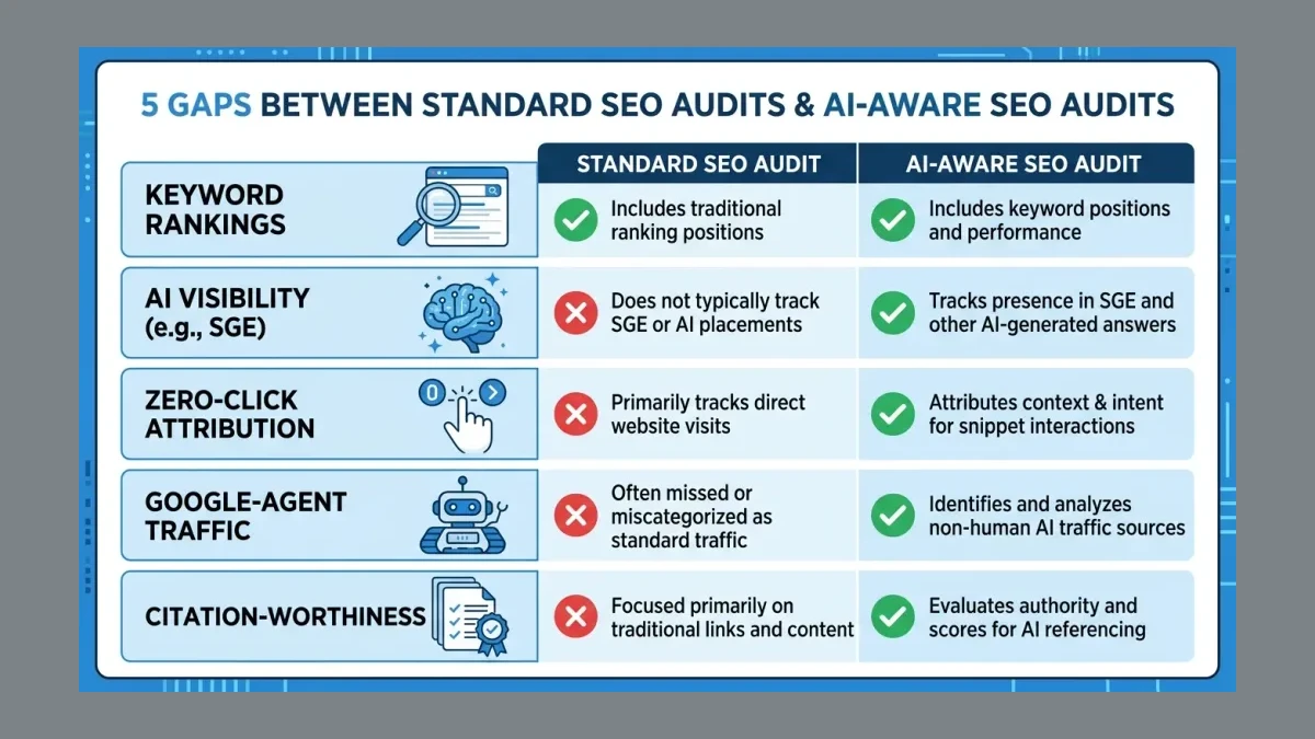 Infographic: Five gaps in standard SEO audits that miss AI search visibility, showing the disconnect between traditional ranking metrics and AI citation metrics across measurement categories