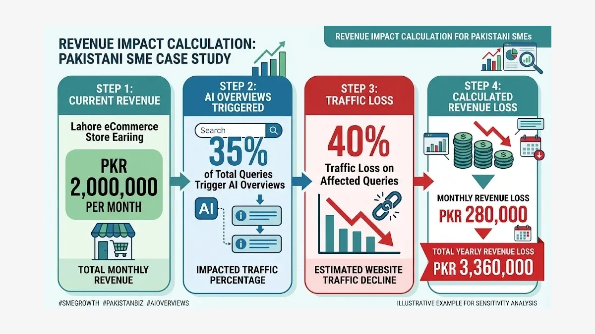 Infographic: Revenue impact calculation showing how AI search CTR drops translate to PKR 3.36 million annual losses for a Lahore ecommerce store spending PKR 100K monthly on SEO