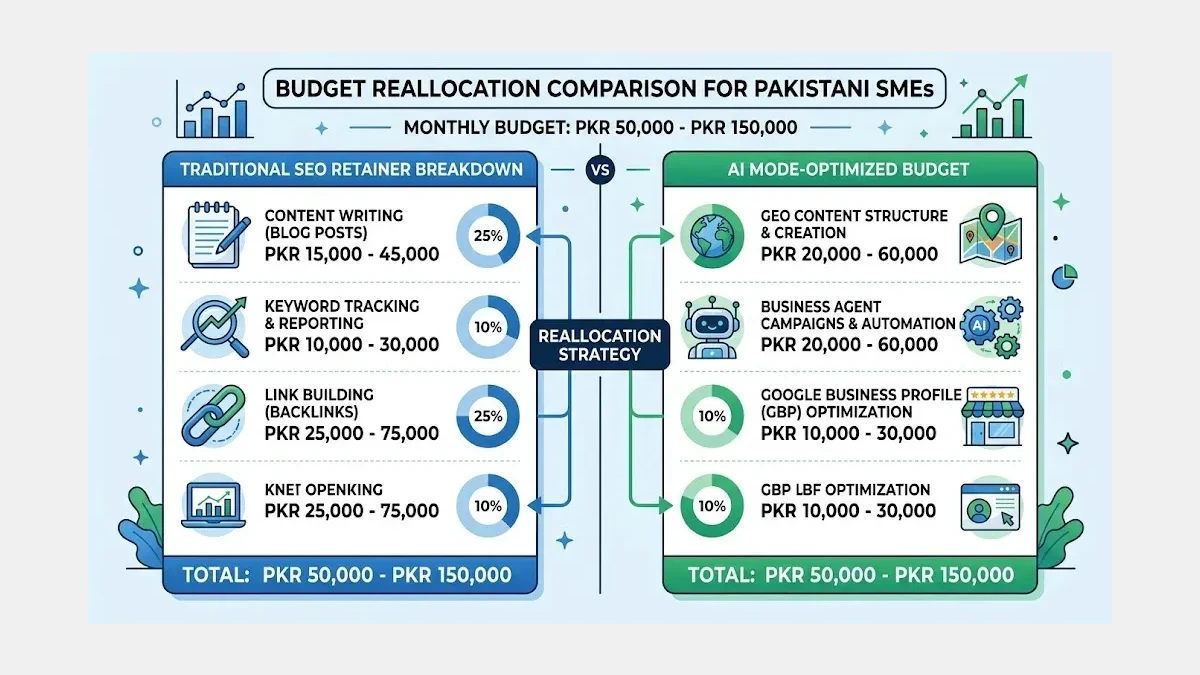 Infographic: Infographic showing budget reallocation comparison for Pakistani SMEs. Two columns: Left shows traditional SEO retainer