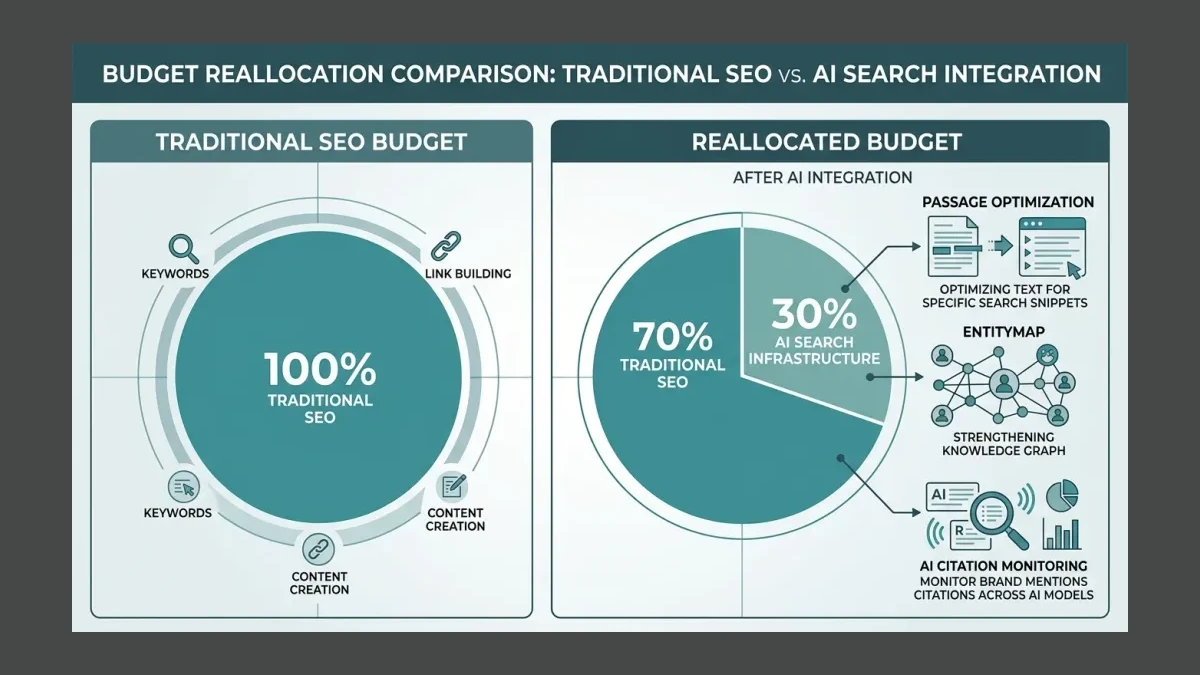 Infographic: Infographic showing budget reallocation comparison: left pie chart showing 100% traditional SEO budget, right pie chart 