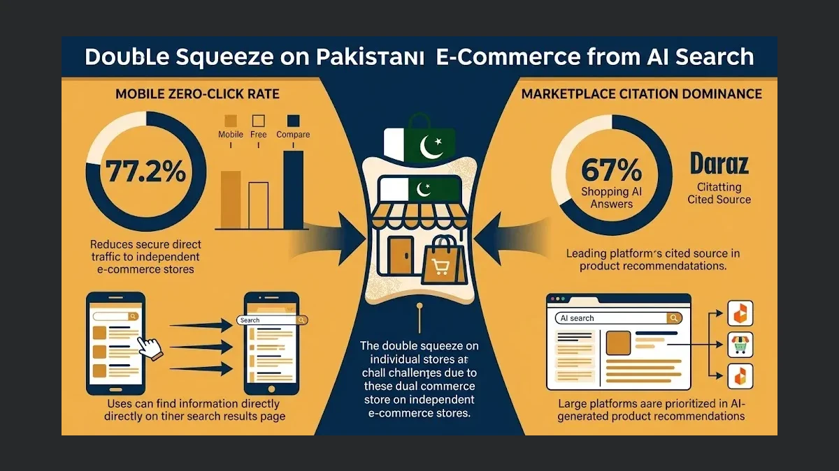 Infographic: The double squeeze on Pakistani ecommerce from AI search: mobile zero-click rate at 77.2%, AI Overview CTR suppression of 34-61%