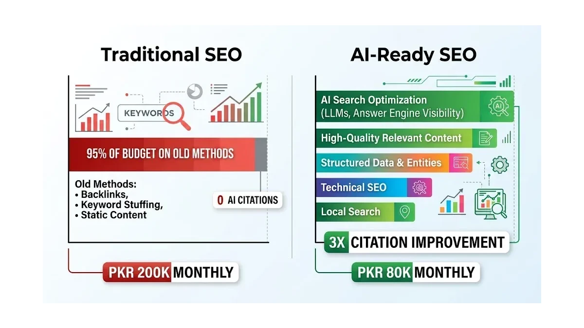 Infographic: Comparison infographic showing before and after AI search optimization budget. Left side 'Traditional SEO' showing 95% o
