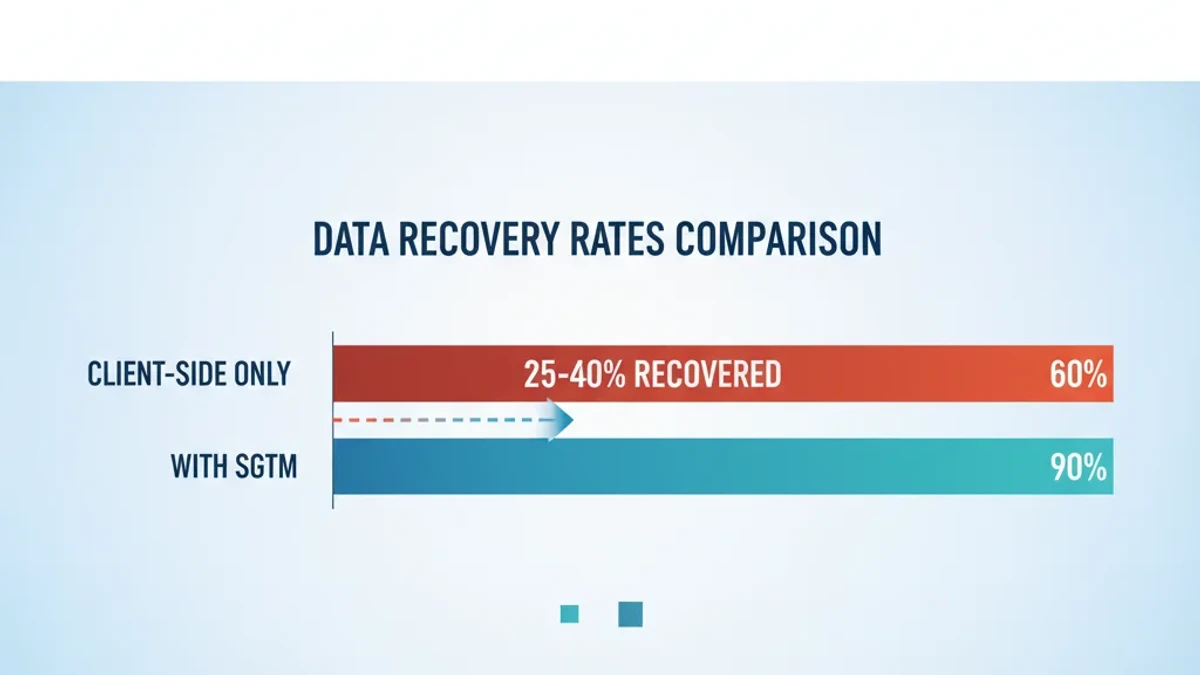 Infographic: Server-side GTM data recovery rates showing client-side vs server-side conversion capture percentages