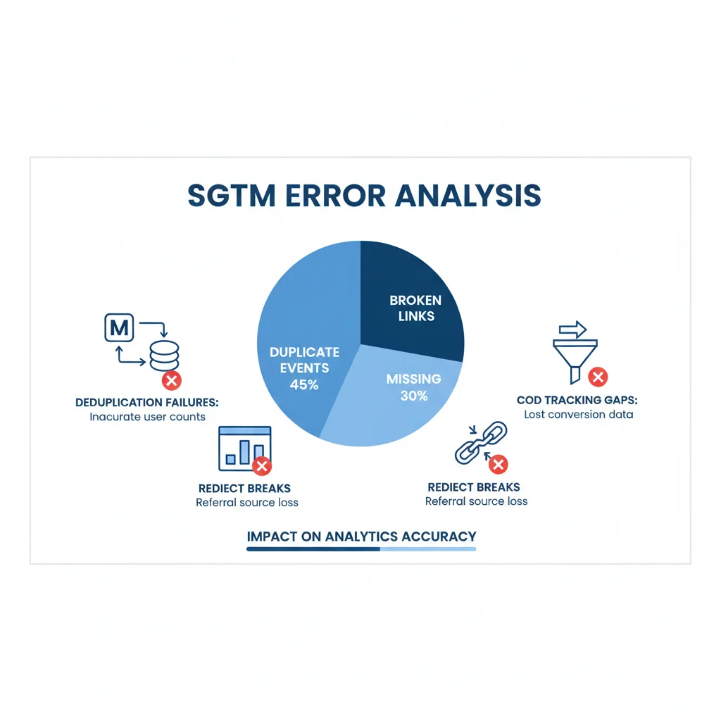 Infographic: Common sGTM misconfiguration breakdown showing percentage impact of deduplication failures, COD tracking gaps, and redirect breaks