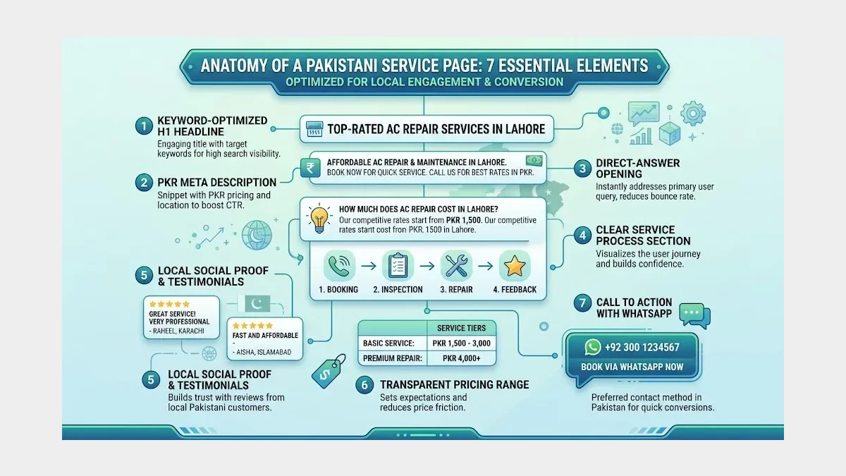 Infographic: service page anatomy showing the 7 essential elements for Pakistani businesses