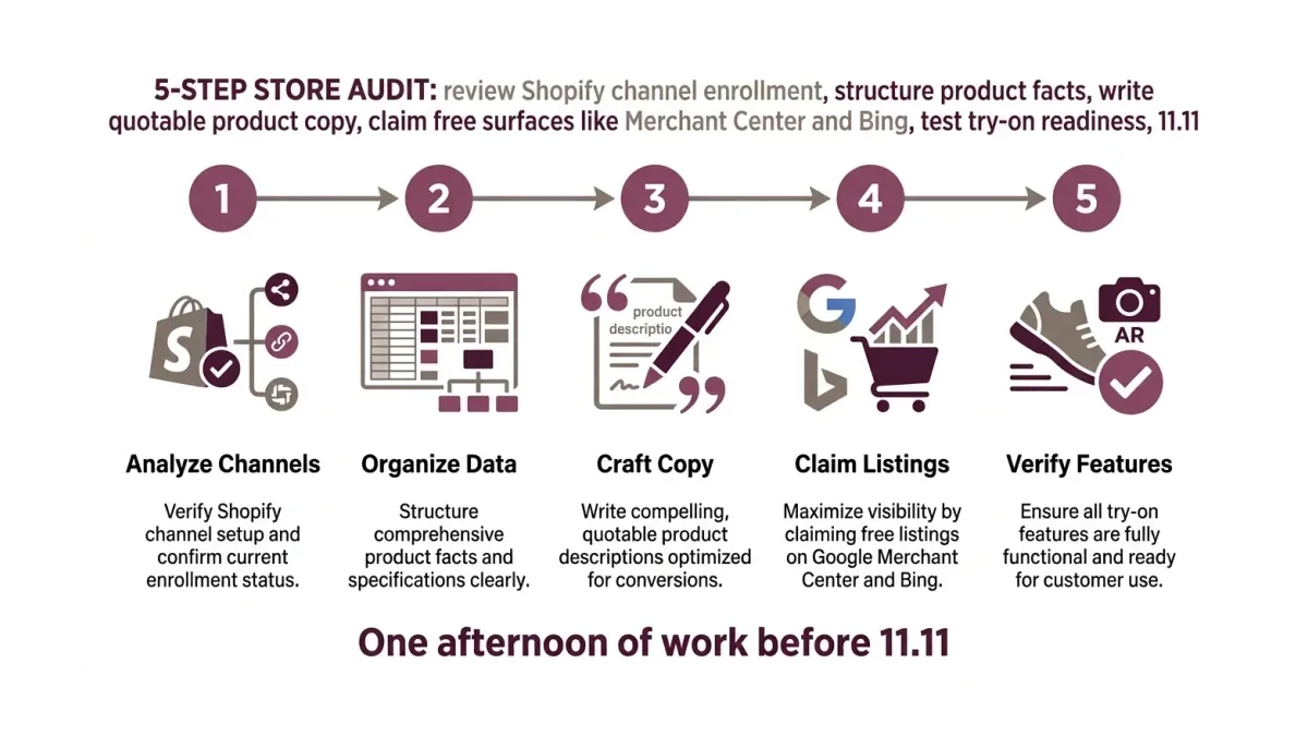 Infographic: Five-step audit flow from reviewing Shopify channel enrollment through structured data, quotable product copy, free surfaces, and try-on readiness