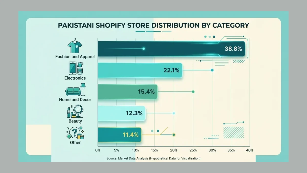Infographic: Infographic showing Pakistani Shopify store distribution by category as a horizontal bar chart. Fashion & Apparel 38.8%,