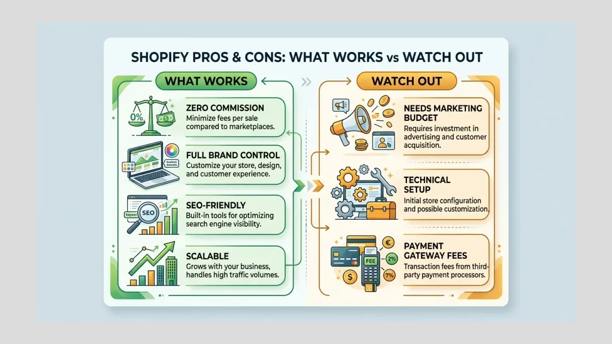 Infographic: Infographic split into two sections: Left 'What Works' (green) showing Shopify strengths: zero commission, full brand co