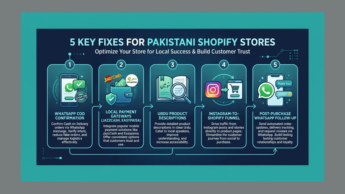 Infographic: Infographic showing 5 fixes for Pakistani Shopify stores as a numbered step-by-step diagram: 1) WhatsApp COD Confirmatio