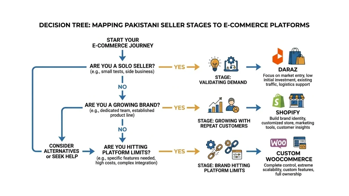 Infographic: Platform decision tree mapping stage of business to Daraz, Shopify, or custom WooCommerce