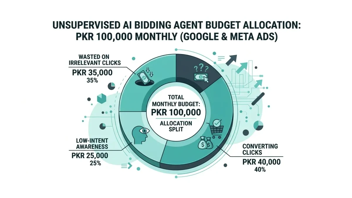 Infographic showing where a PKR 100,000 monthly Google and Meta ad budget goes under an unsupervised AI bidding agent, split into wasted clicks, converting clicks, and low-intent awareness.