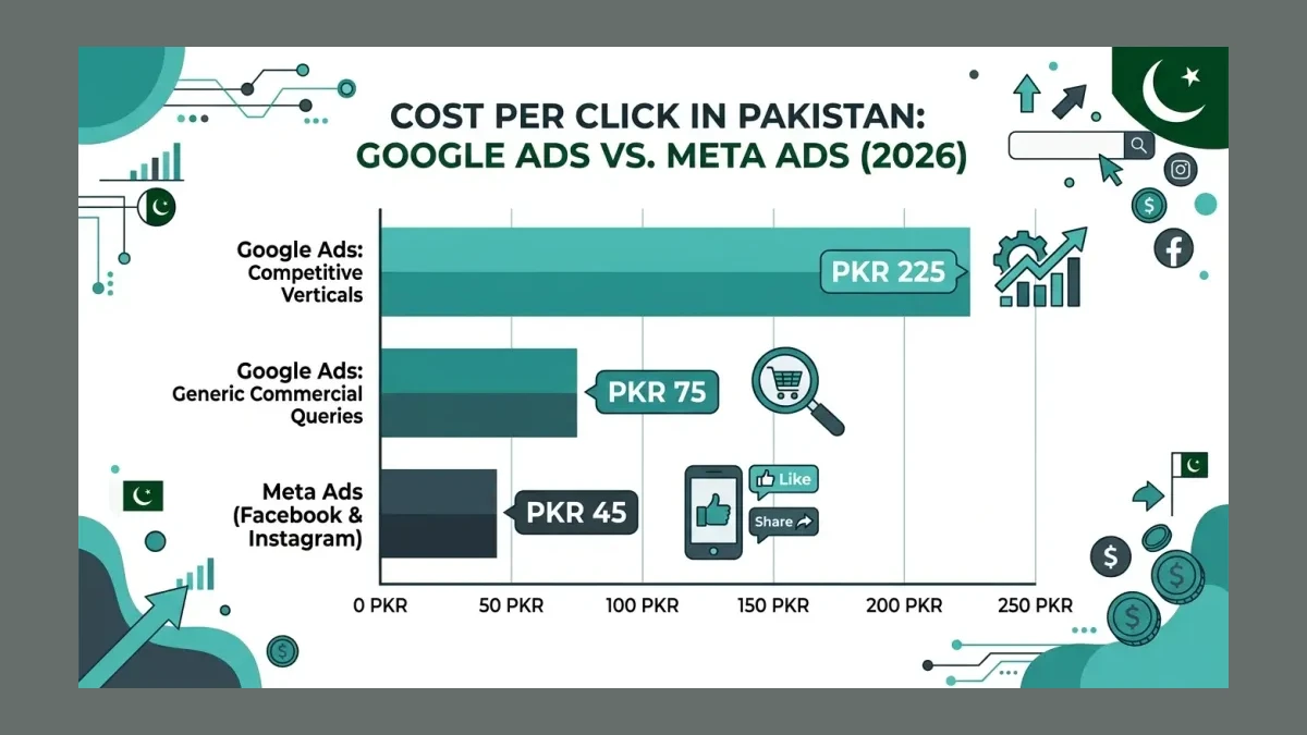 Infographic comparing cost per click in Pakistan for Google Ads versus Meta Ads in 2026, showing PKR ranges for generic commercial queries, competitive verticals, and Facebook and Instagram.