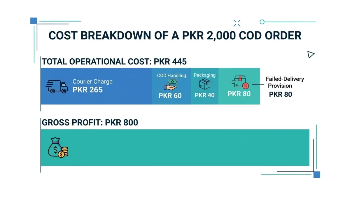Infographic: Unit economics of one PKR 2,000 cash-on-delivery order across courier, COD fee, packaging, and return provision