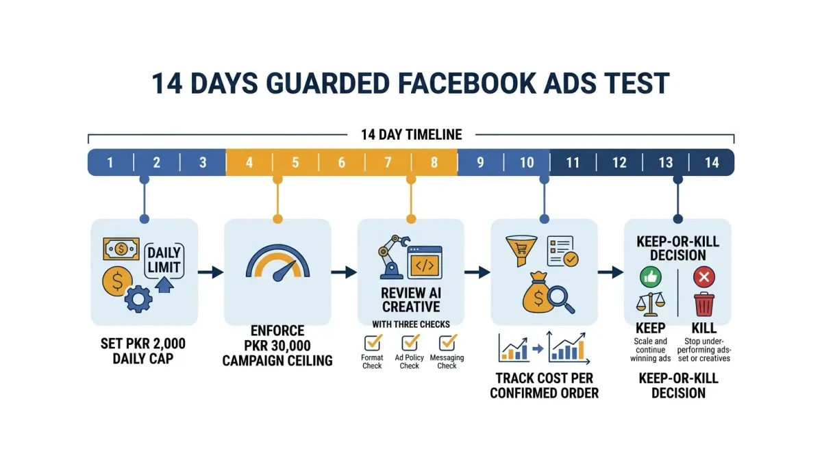 Infographic: the 14-day guarded test for AI-built Facebook ads, from budget caps to the keep-or-kill decision