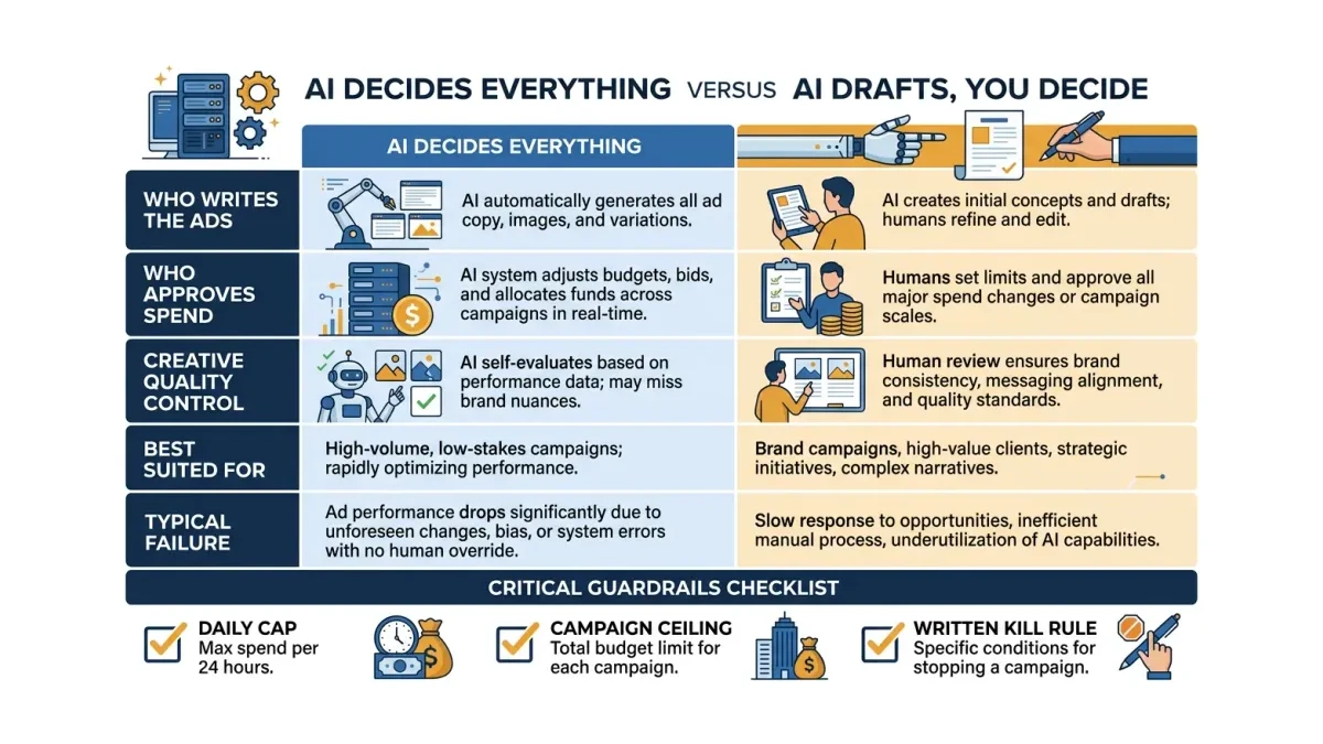 Infographic: guardrail comparison between fully automated AI ad spending and human-supervised AI drafting