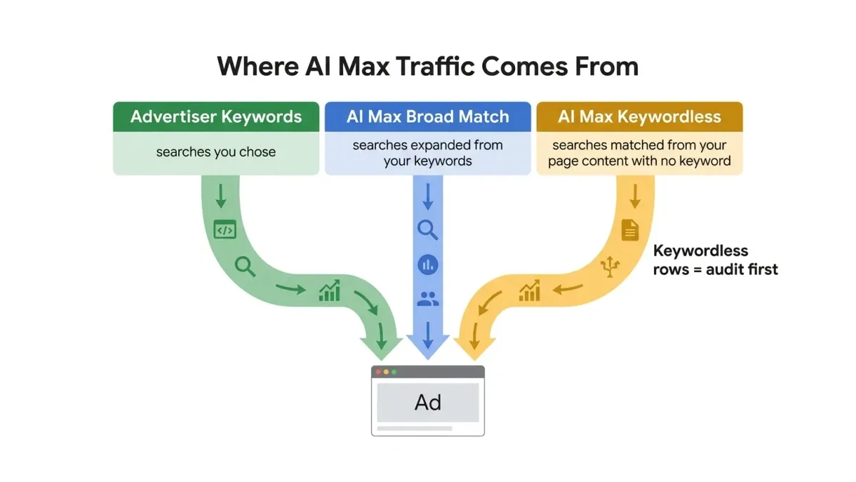 Infographic: Where AI Max traffic comes from — advertiser keywords, broad-match expansion, and keywordless matching shown as three labeled lanes