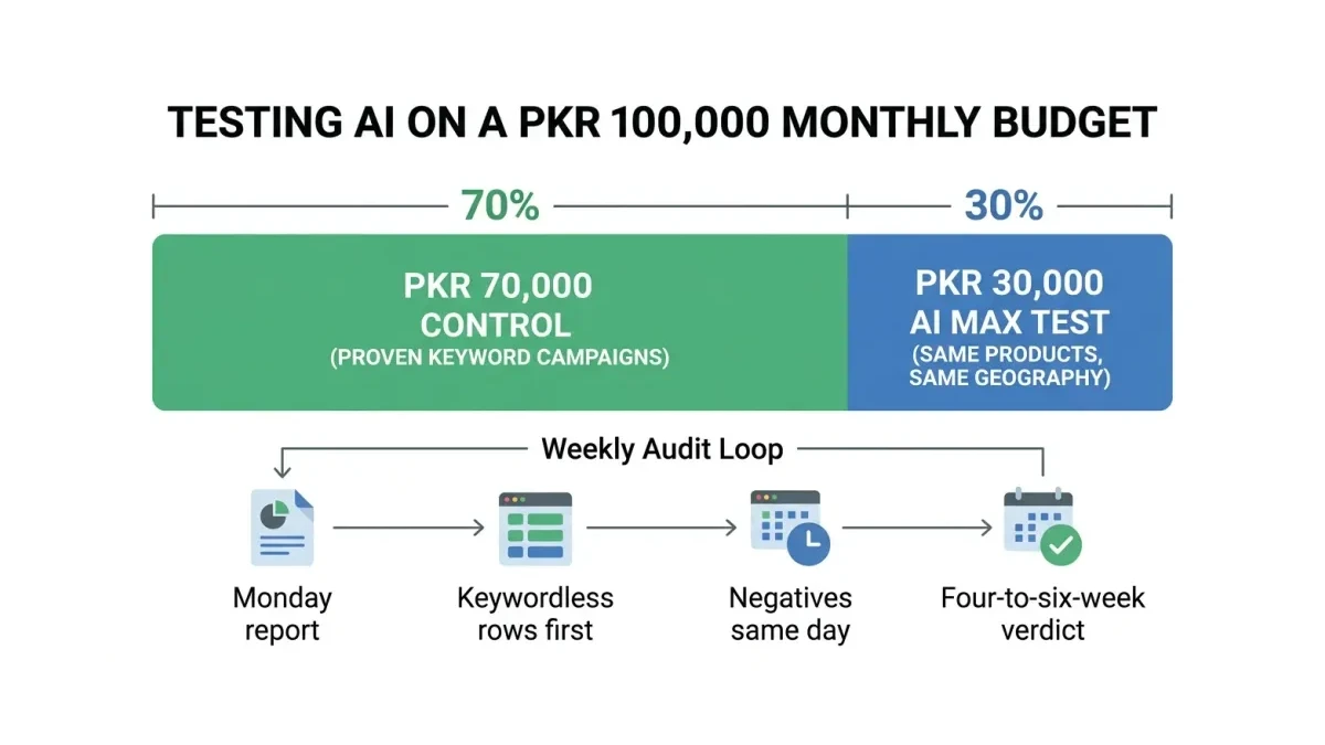Infographic: Testing AI on a PKR 100,000 monthly budget — a 70/30 split between proven keyword campaigns and one AI Max test campaign