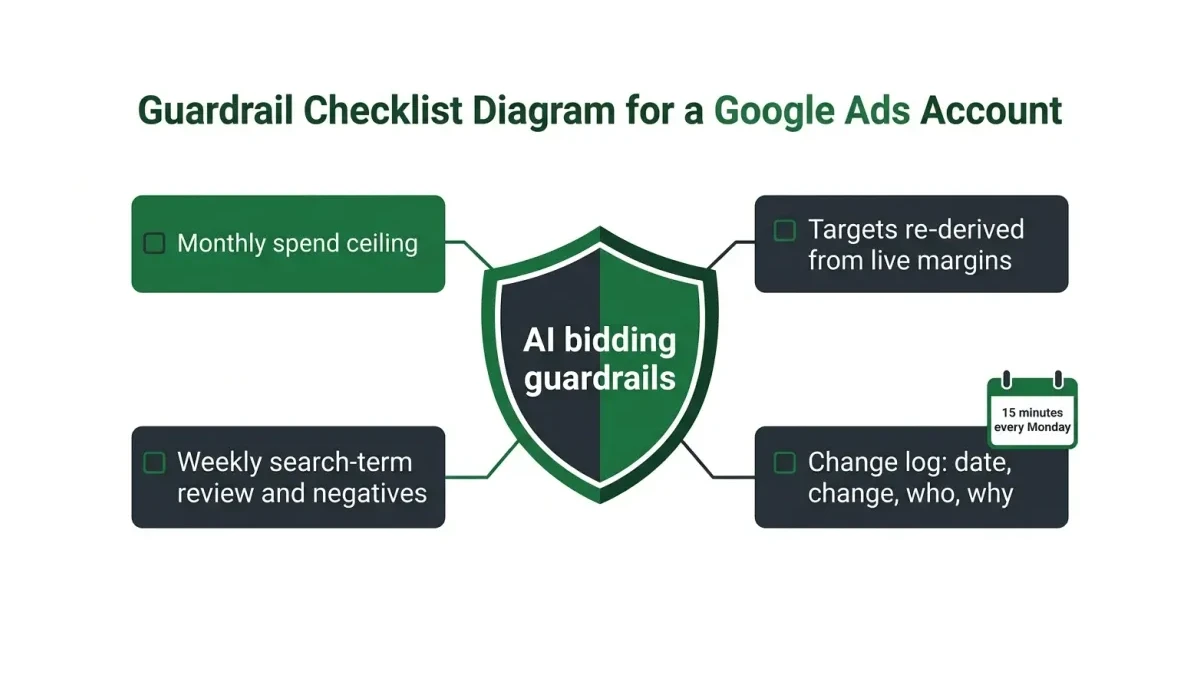 Infographic: Guardrail checklist diagram for a Google Ads account: a central shield labeled 'AI bidding guardrails' ringed by spend ceiling, monthly target review, weekly search-terms review, and change log steps