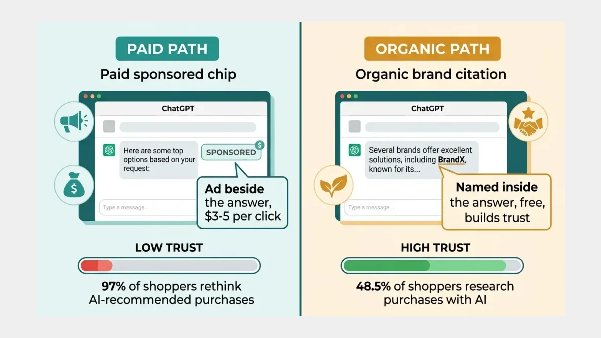 Infographic: A split visual comparing a paid sponsored placement beside an AI answer with an organic brand citation inside the answer, with trust percentages labeled on each side.