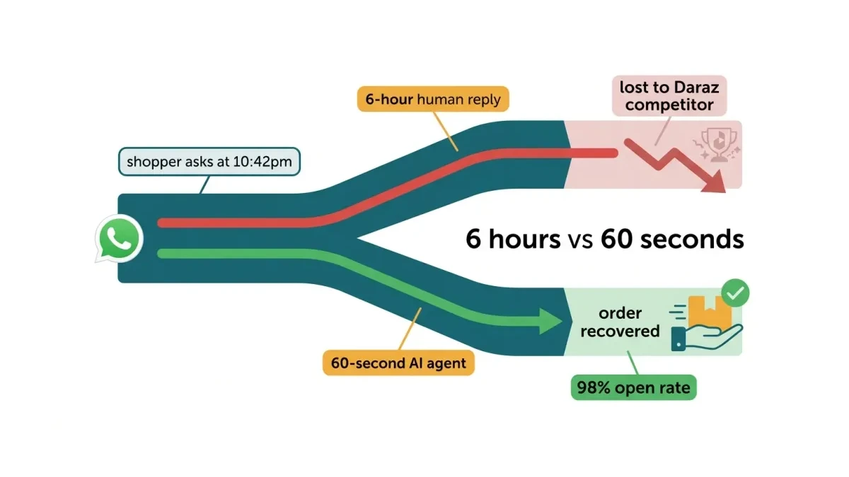 Infographic: WhatsApp response time funnel showing how a 6-hour human reply loses Pakistani ecommerce orders to Daraz competitors while a 60-second AI agent recovers the sale