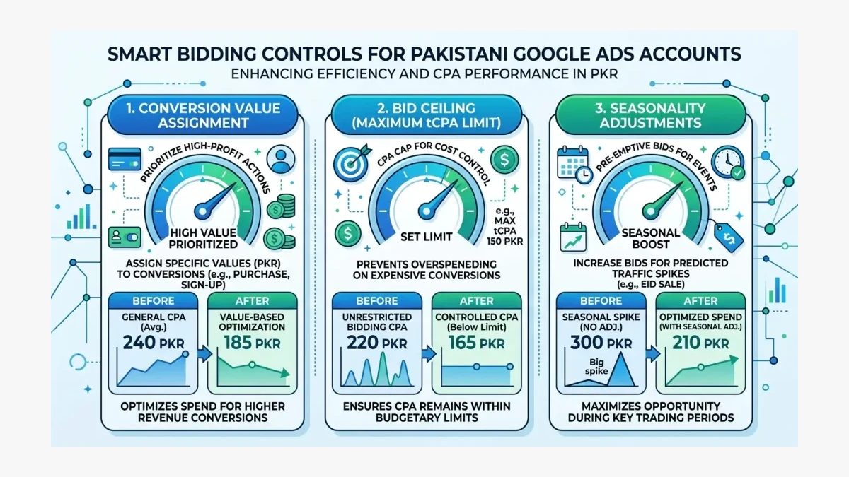 Infographic: Infographic showing three Smart Bidding controls for Pakistani Google Ads accounts: conversion value assignment in PKR,