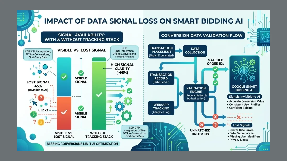 Infographic: Infographic showing conversions invisible to Google's Smart Bidding AI without a tracking stack, a bar at 45 percent los