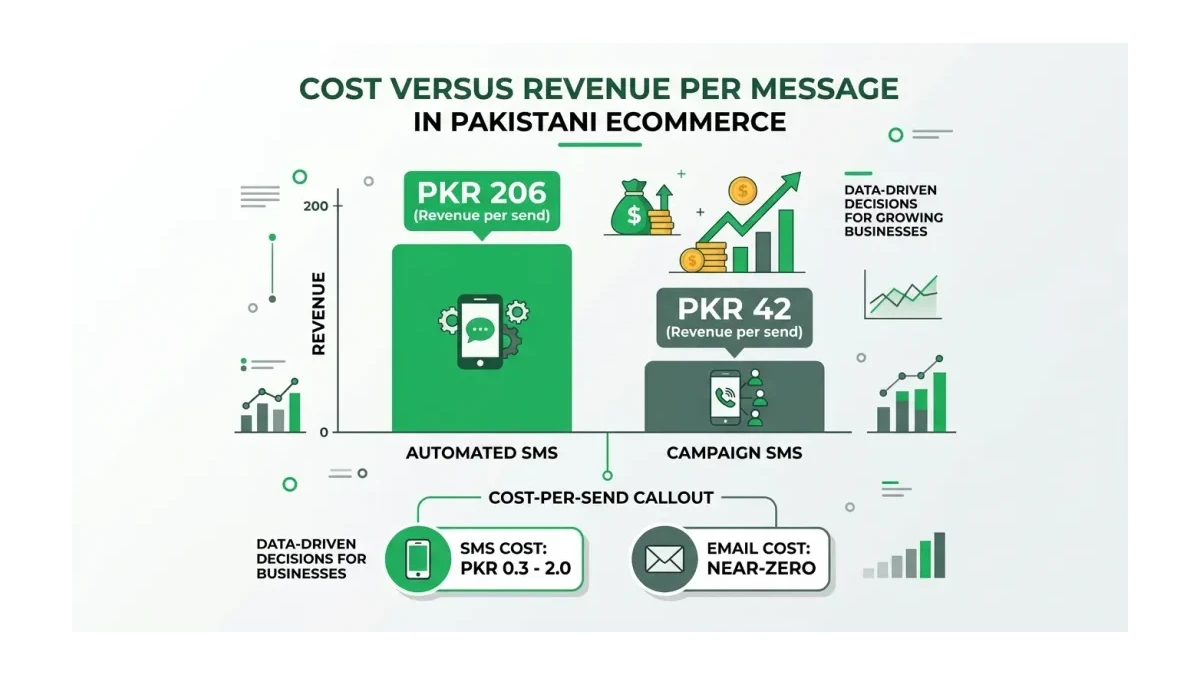 Infographic: cost vs revenue per message in PKR - automated SMS returns roughly PKR 206 per send against campaign SMS PKR 42