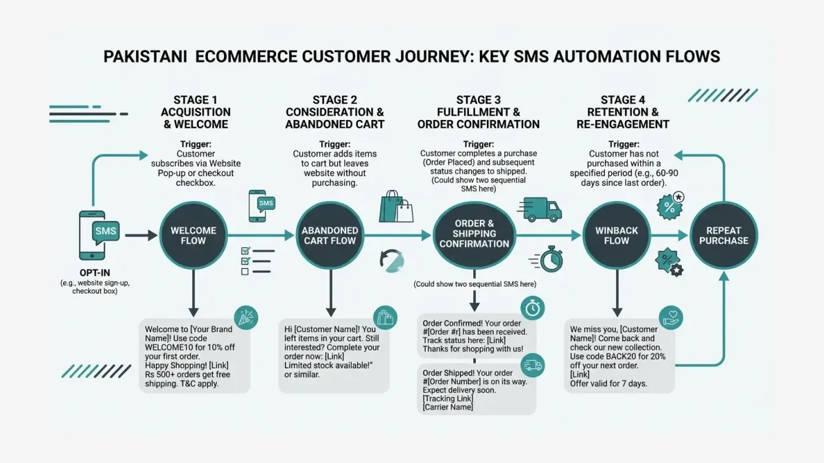 Infographic: the four SMS flows mapped to the Pakistani ecommerce customer journey from opt-in to winback
