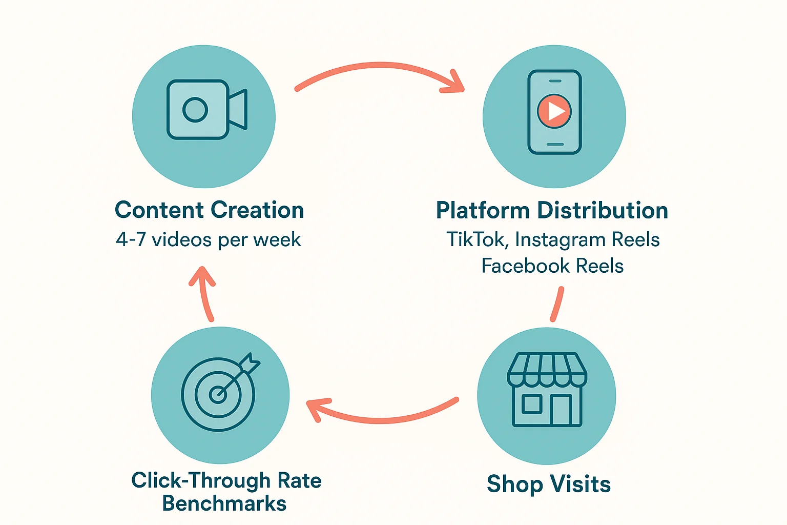 Infographic: Short-form video content strategy showing the relationship between posting frequency, video format, and click-through rates to social commerce shopfronts
