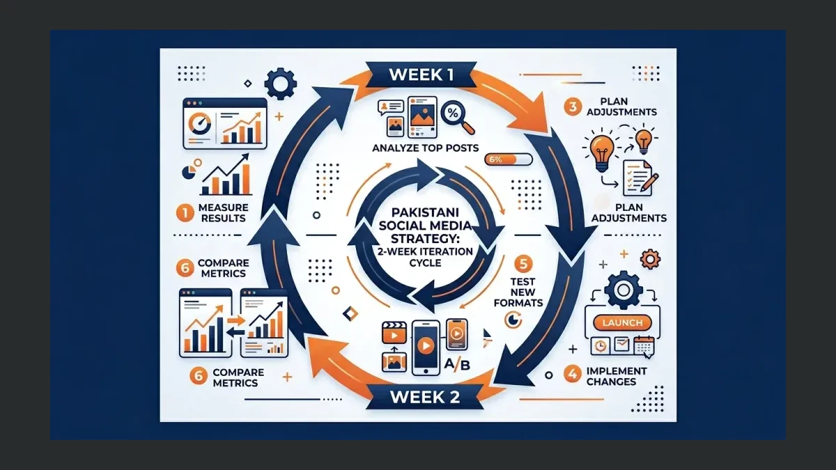Infographic: Infographic showing a 2-week iteration cycle flowchart for Pakistani social media strategy. Steps: Week 1 (Measure resul