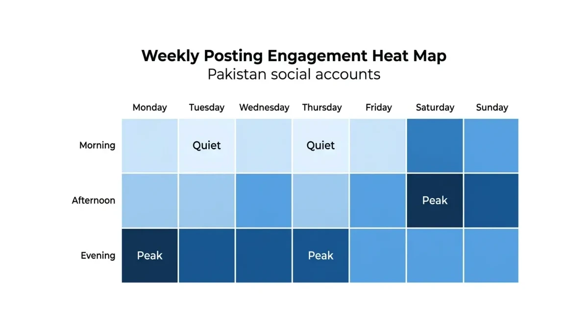 Infographic: weekly engagement heat map showing the strongest and weakest posting windows for Pakistani social accounts, with weekend afternoons and weekday evenings highlighted as peak times