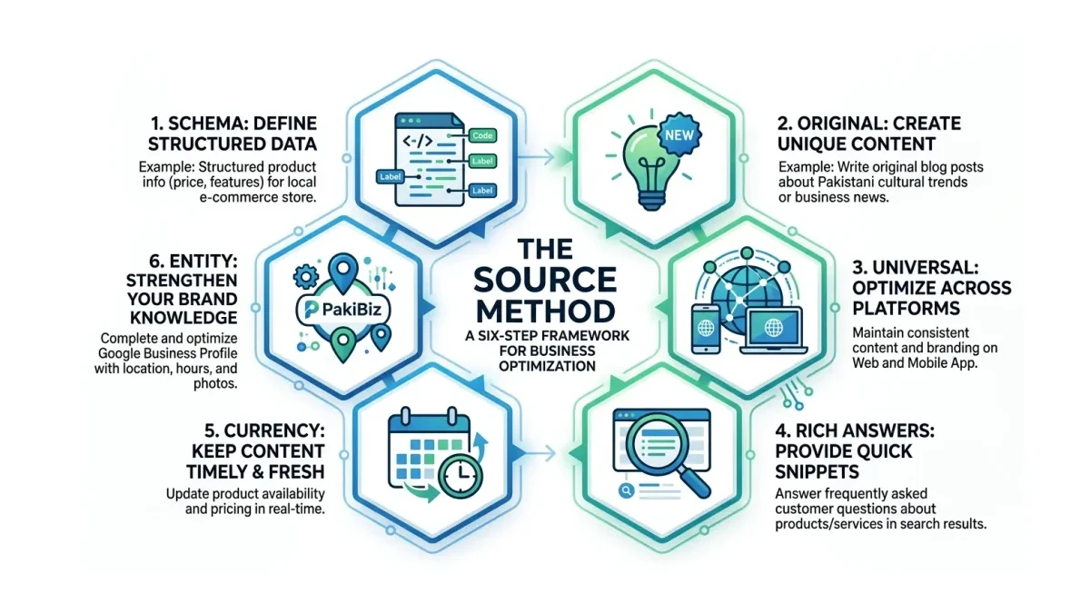 Infographic: SOURCE framework diagram showing six hexagonal steps - Schema, Original, Universal, Rich Answers, Currency, Entity - with Pakistani business examples for each step