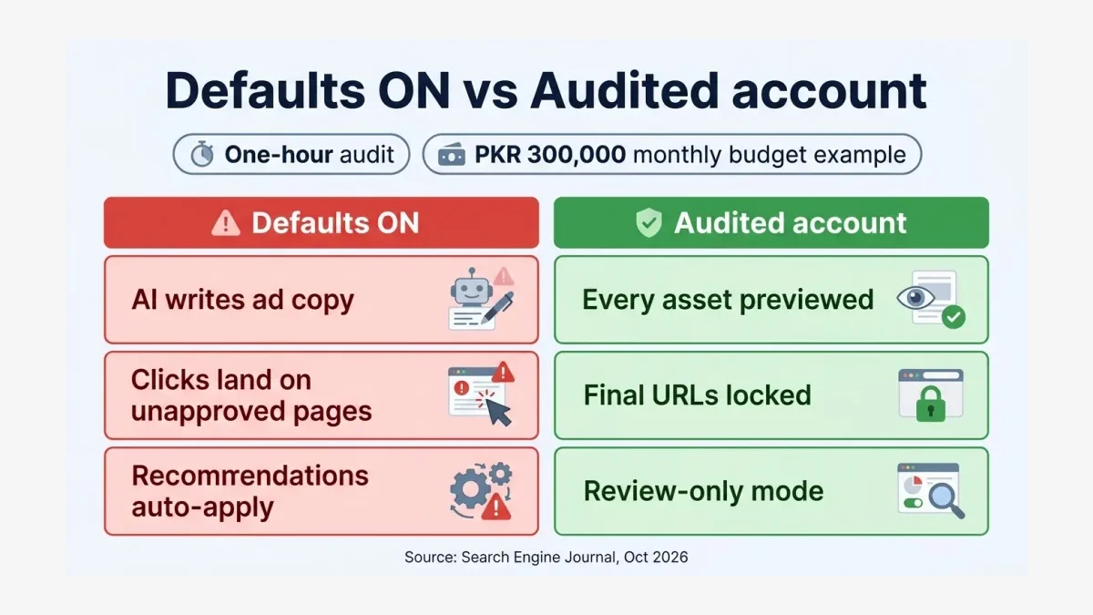Infographic: Two-column comparison of defaults-on and audited Google Ads account settings.
