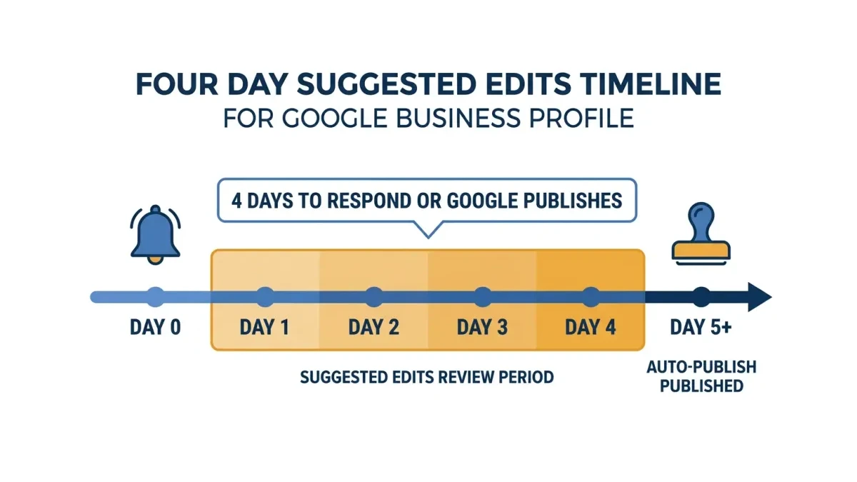 Infographic: Timeline of a Google suggested edit from notification through the four-day review window to automatic publication.