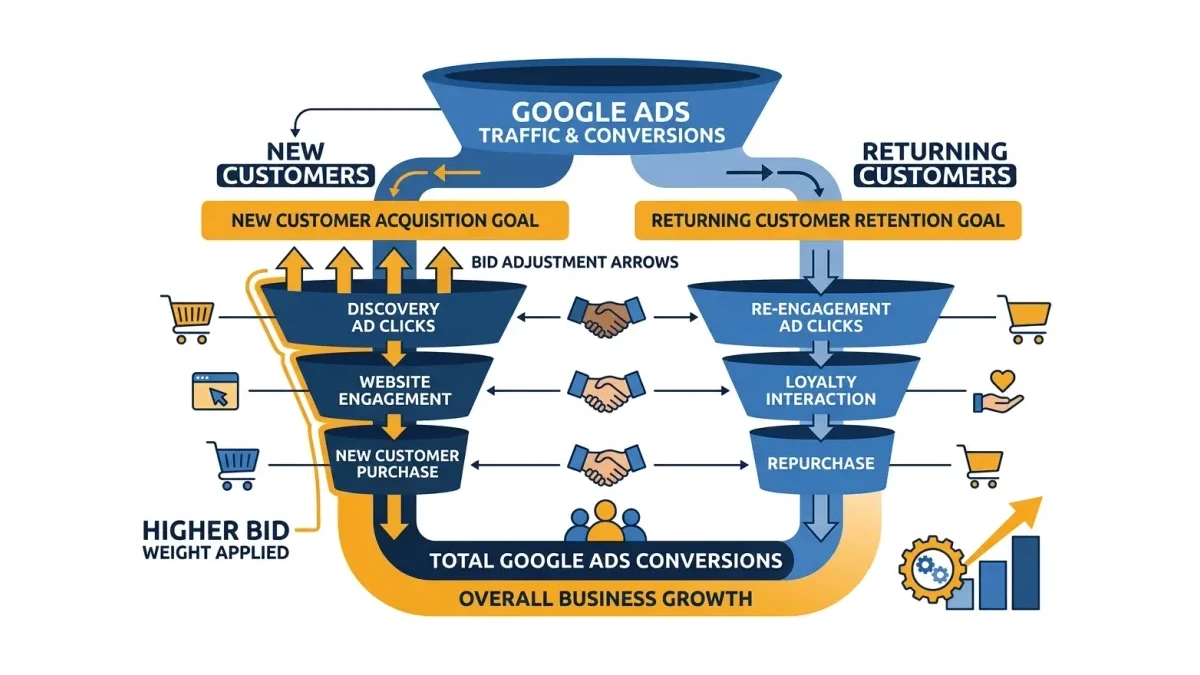 Infographic: funnel splitting Google Ads conversions into new-customer and returning-customer paths, with the new customer acquisition goal applying a higher bid weight to the first-time path.