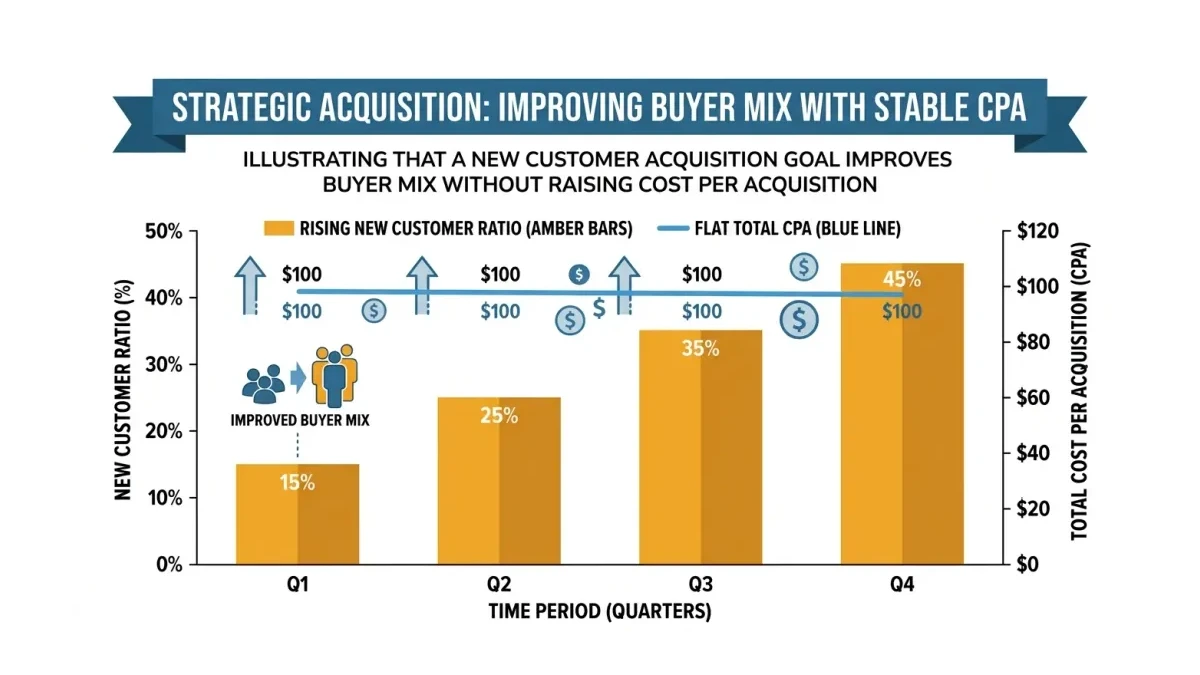 Infographic: bar chart showing a flat total CPA alongside a rising new-customer ratio, illustrating that the goal improves buyer mix without raising cost per acquisition.