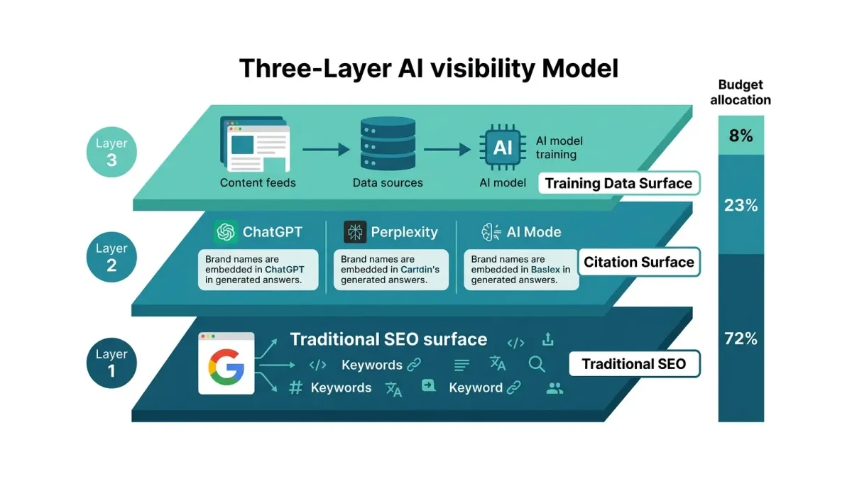Infographic: Infographic showing the three-layer AI visibility model as stacked horizontal layers. Layer 1 (bottom): Traditional SEO