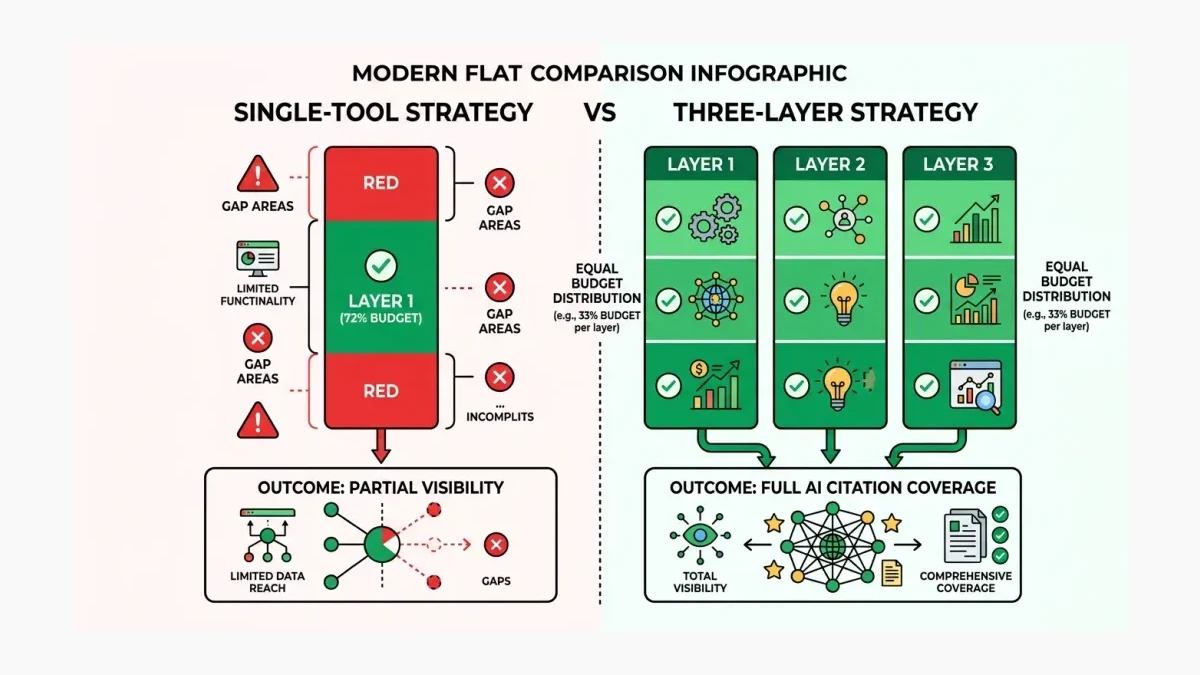 Infographic: Comparison infographic: single-tool strategy vs three-layer strategy. Left side shows one column (Layer 1 only, 72% budg